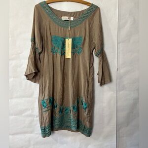 Urban Mangoz Tunic size Small brown teal bell sleeve pockets tons of embroidery